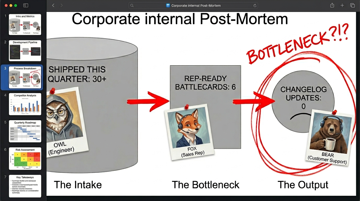A chaotic Google Slide analyzing the massive engineering velocity hitting a tiny GTM bottleneck.